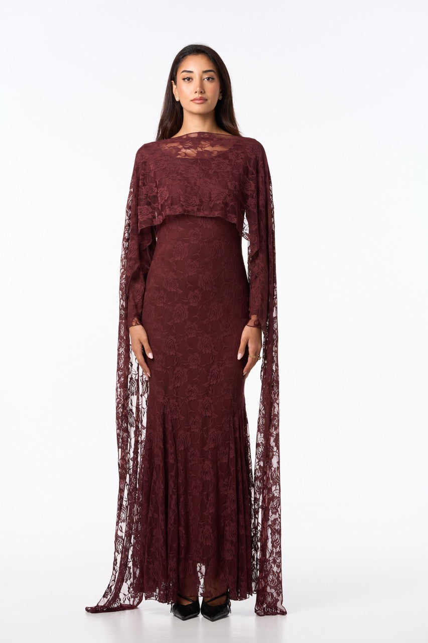 Long Lace Dress BURGUNDY BROWN