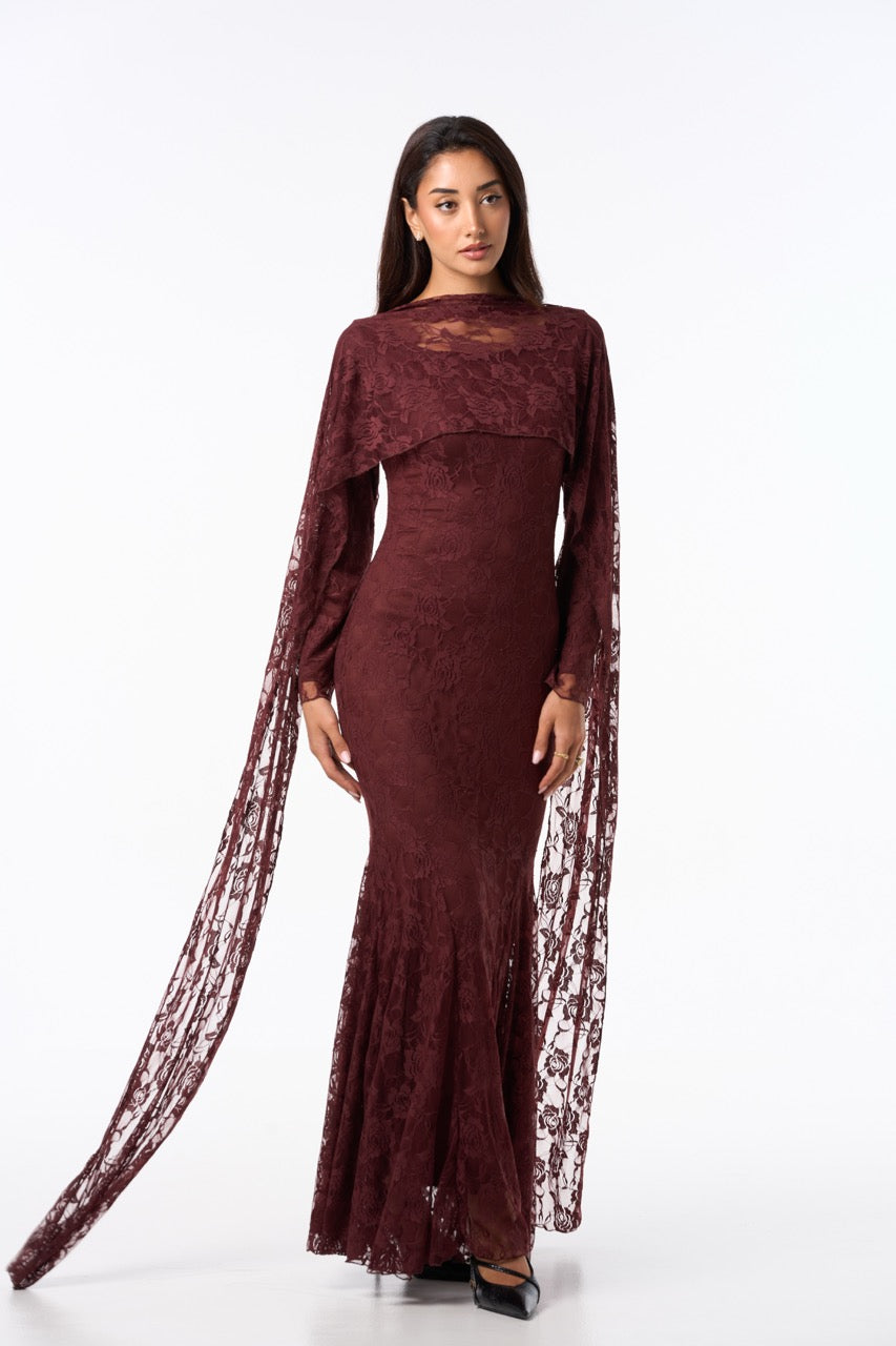 Long Lace Dress BURGUNDY BROWN