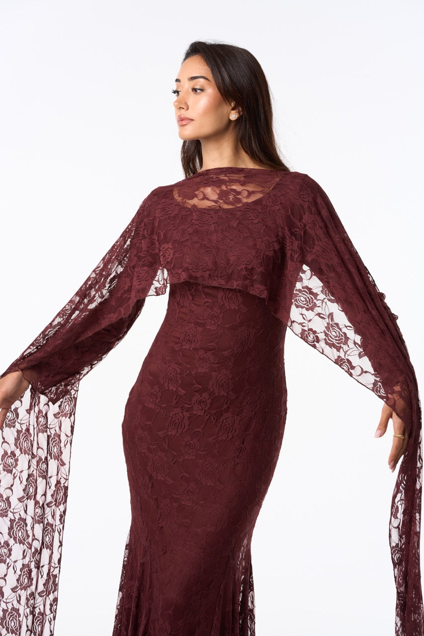 Long Lace Dress BURGUNDY BROWN