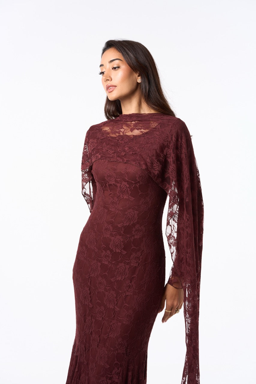 Long Lace Dress BURGUNDY BROWN
