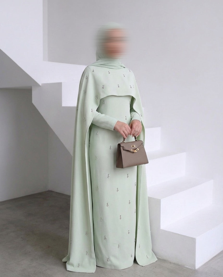 Pearl Embellished Cape Dress - SAGE GREEN