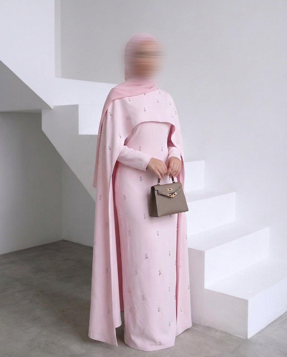 Pearl Embellished Cape Dress - PINK