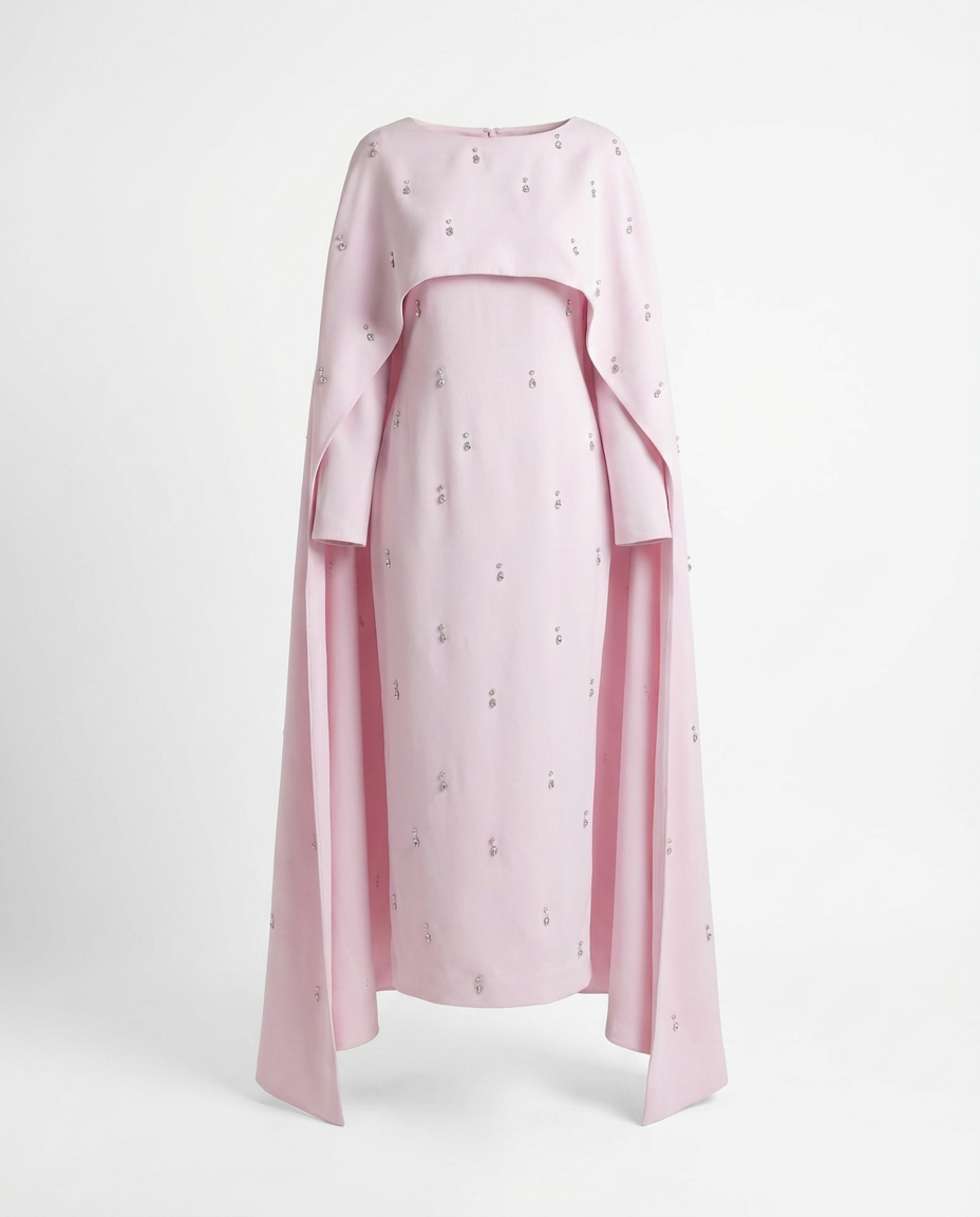 Pearl Embellished Cape Dress - PINK
