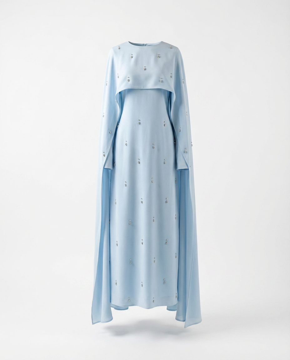 Pearl Embellished Cape Dress - BLUE