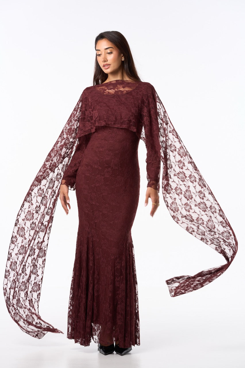 Long Lace Dress BURGUNDY BROWN