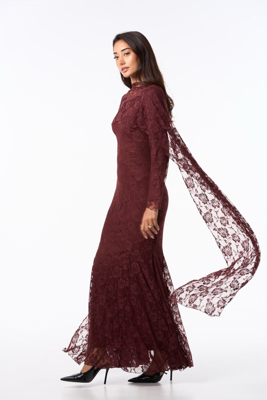 Long Lace Dress BURGUNDY BROWN