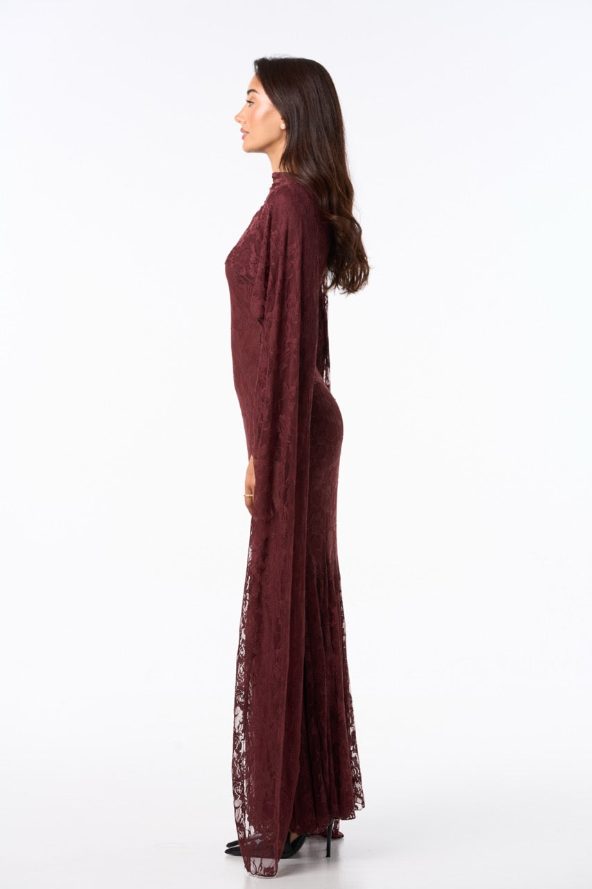 Long Lace Dress BURGUNDY BROWN