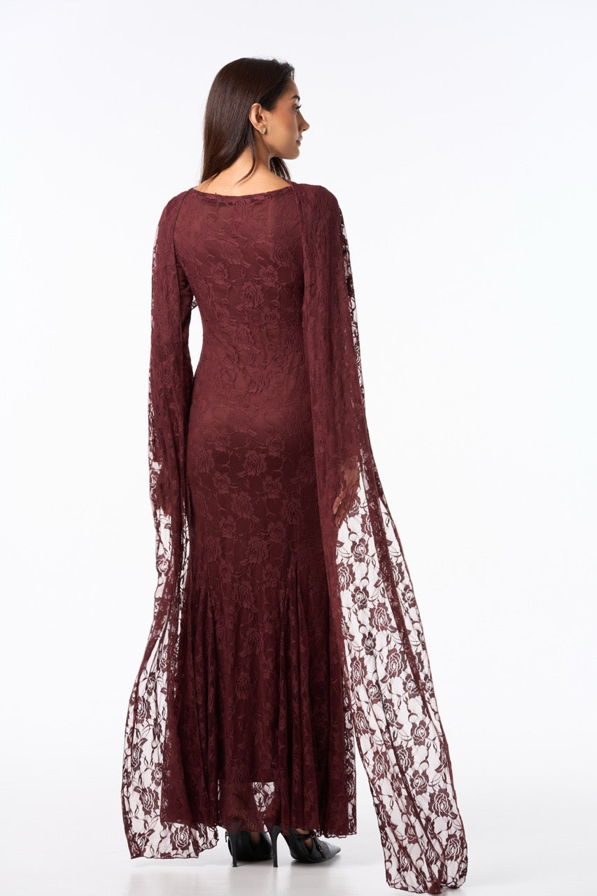 Long Lace Dress BURGUNDY BROWN