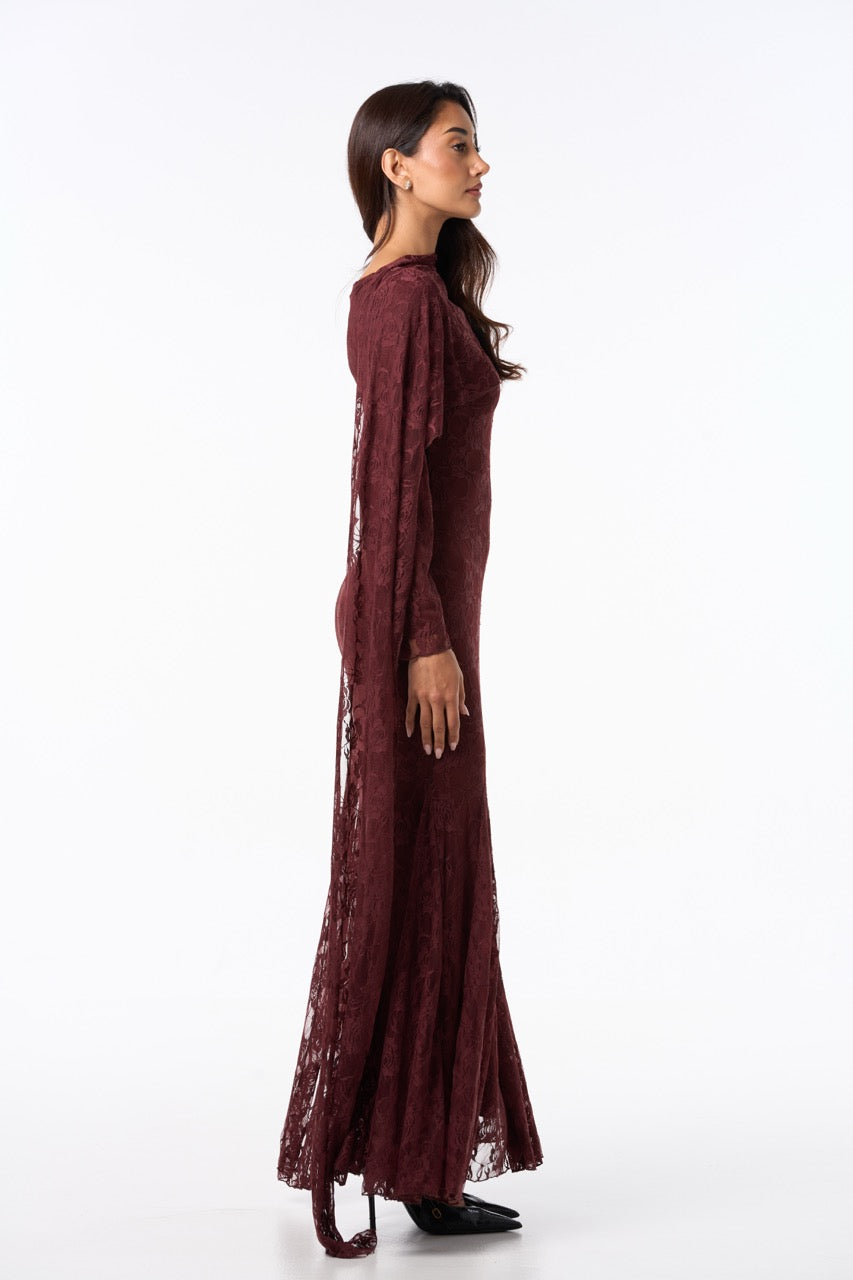 Long Lace Dress BURGUNDY BROWN