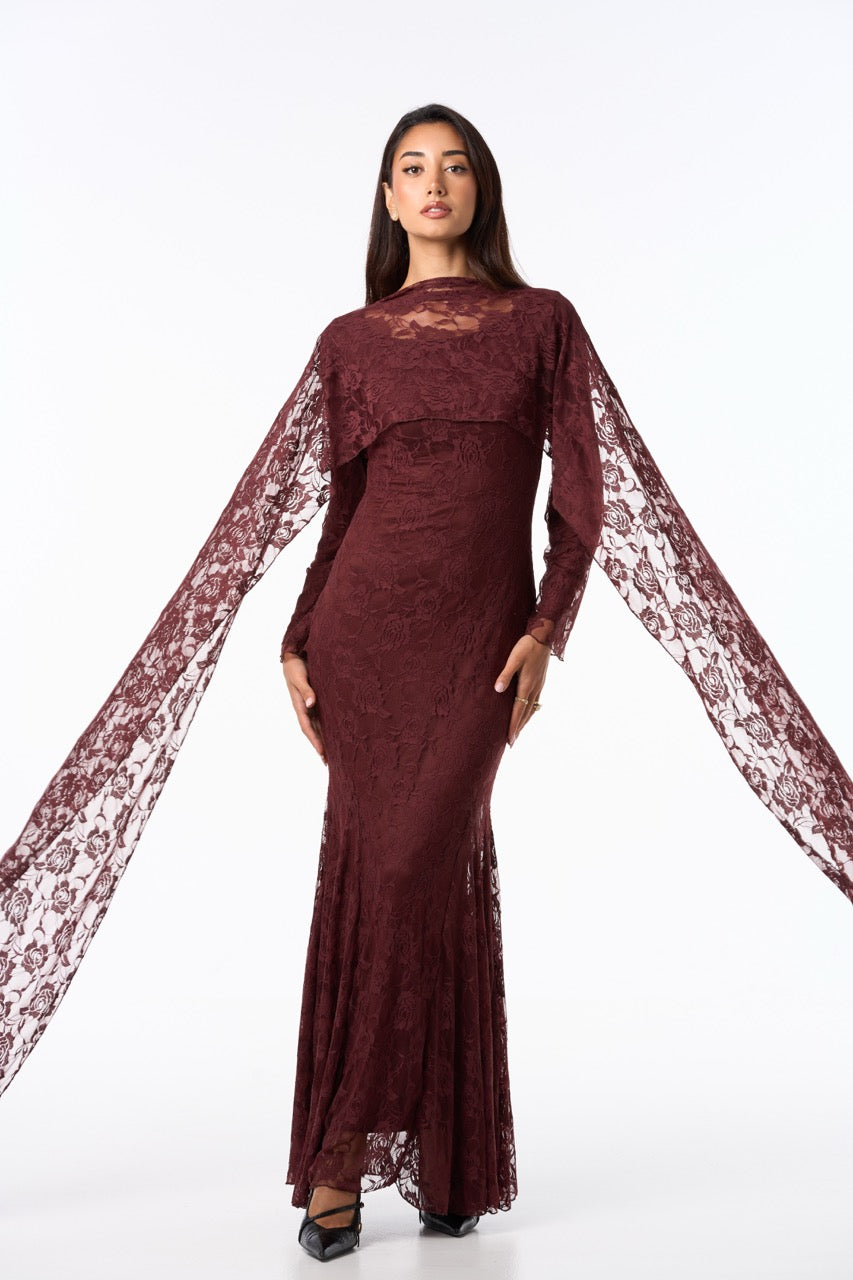 Long Lace Dress BURGUNDY BROWN