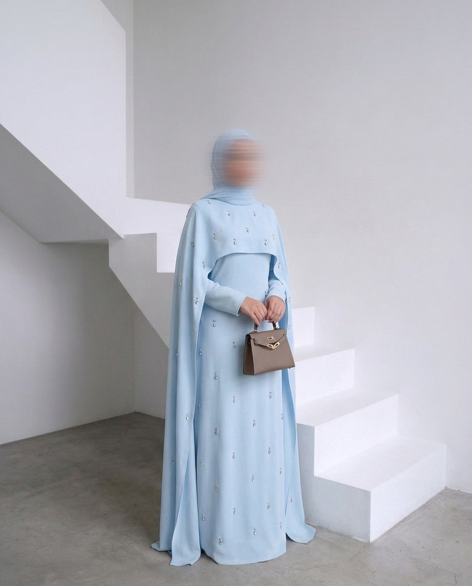 Pearl Embellished Cape Dress - BLUE