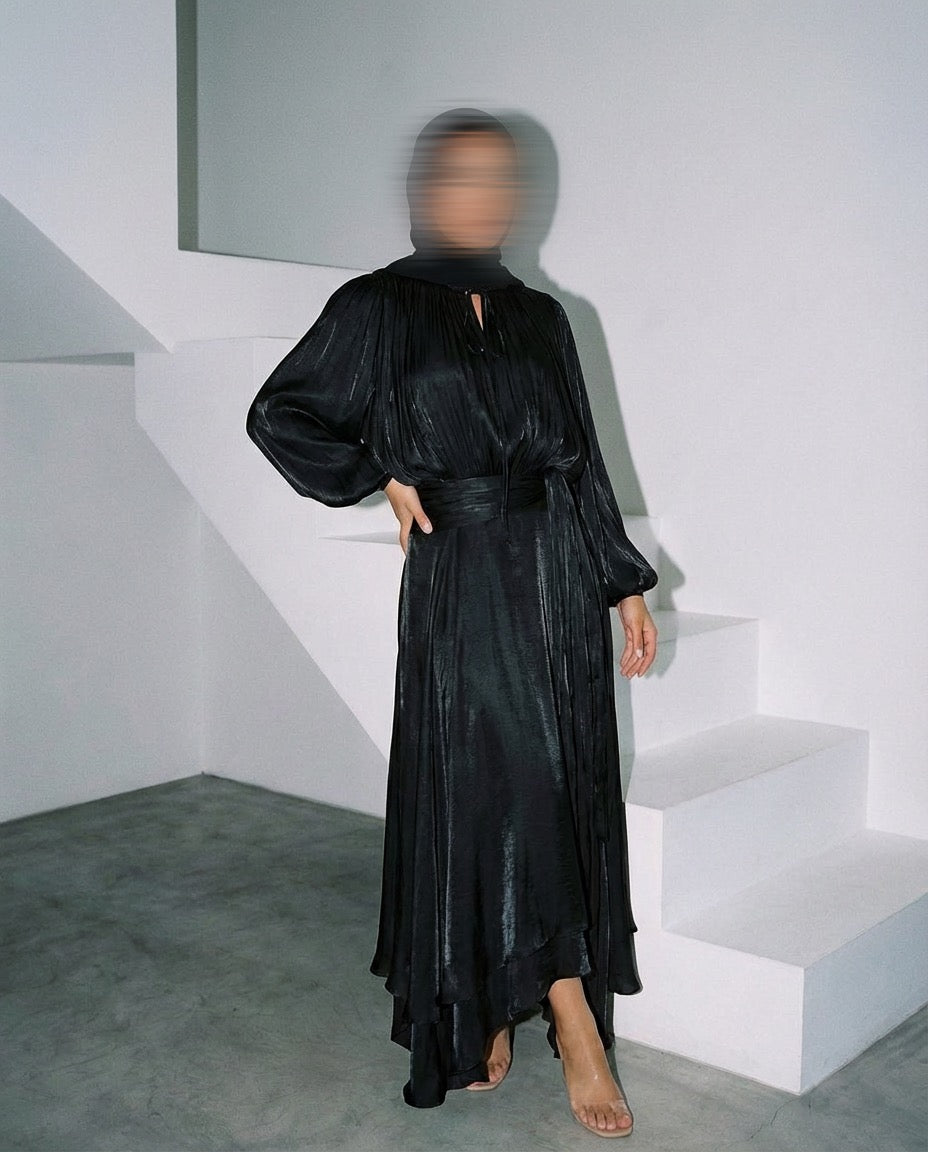 Satin Tie-Strap Maxi Dress -BLACK