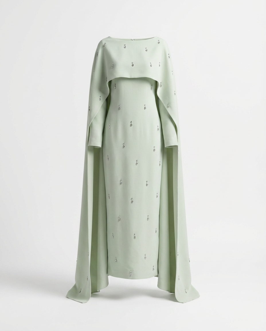 Pearl Embellished Cape Dress - SAGE GREEN